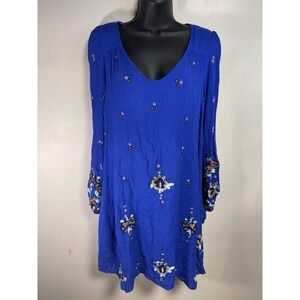 Free People Oxford Embroidered Shift Dress Blue Combo Women's Size Medium *flaw